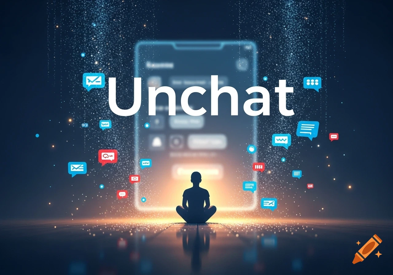 A person meditates before a glowing digital screen with 'Unchat' and chat bubbles, surrounded by sparkling particles.