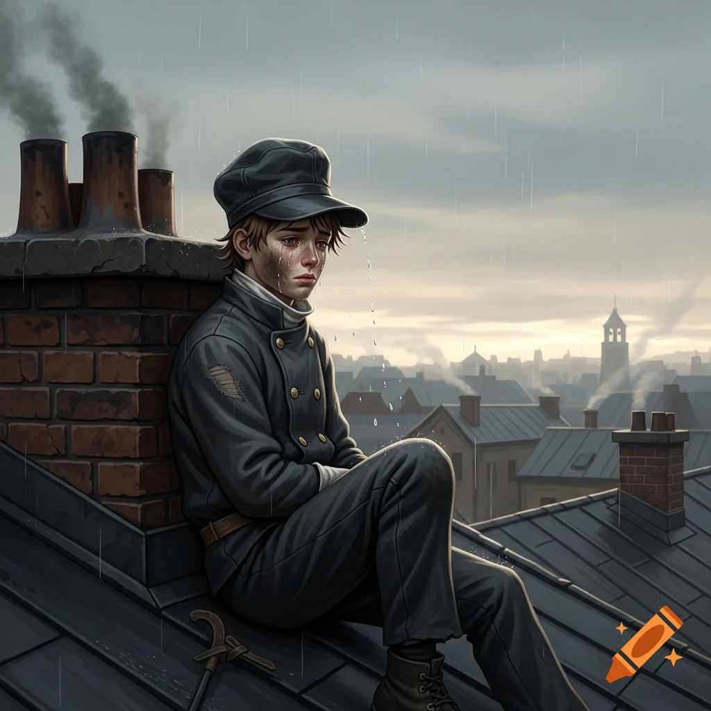 A young, sad chimney sweeper crying on a rainy city rooftop, with smoking chimneys in the background.