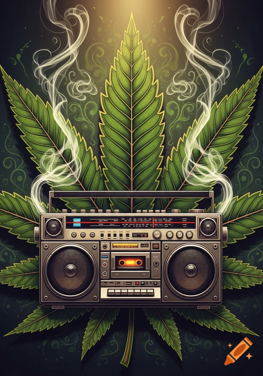 An illustrated image of a vintage boombox centered in front of a large green cannabis leaf with smoke swirling around.