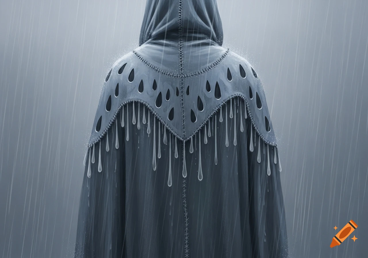 A hooded figure, seen from behind, stands in heavy rain, wearing a cloak with cut-outs and dangling droplet shapes.