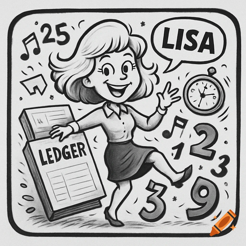 Black and white cartoon of a cheerful woman, Lisa, surrounded by a ledger, numbers, music notes, and a clock.