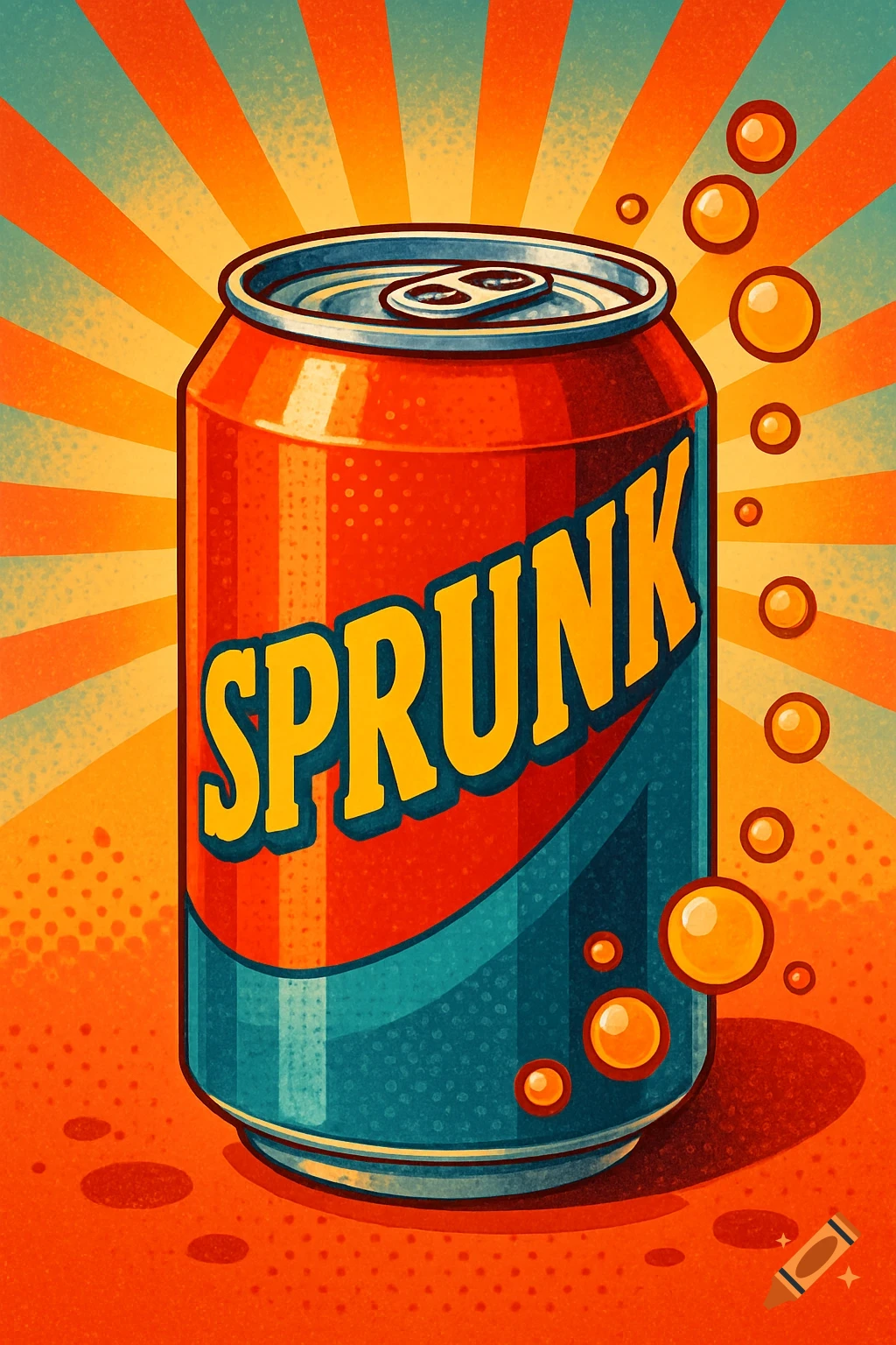 Retro pop art illustration of a red and blue soda can with "SPRUNK" on it, against an orange sunburst background.