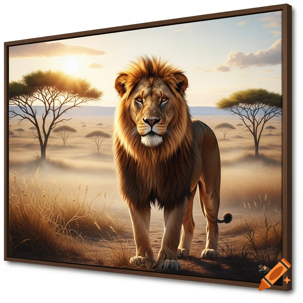 A majestic lion stands centered in a sun-drenched African savanna at sunrise or sunset, surrounded by tall grass and acacia trees.