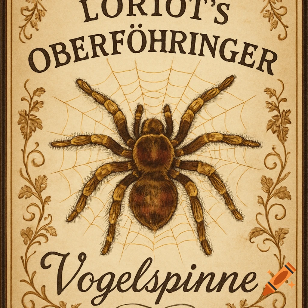 Vintage illustration of a brown tarantula on a web, framed by leafy borders, with the German text "Loriot's Oberföhringer Vogelspinne".