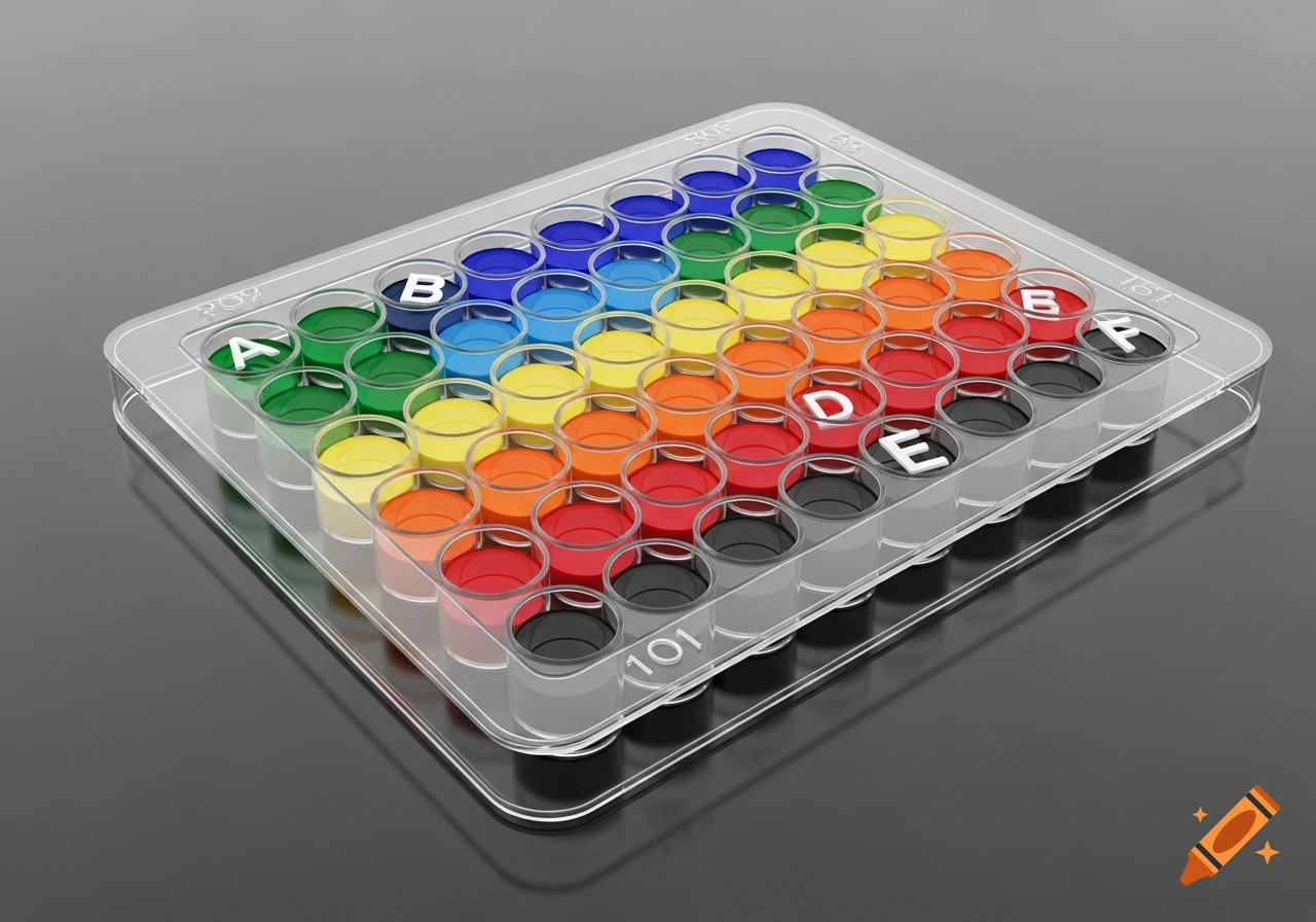 A clear 96-well plate with rows of colorful liquids, from green to red, and some black. Letters A, B, D, E, F are visible on some wells, and '101' and '202' on the plate's edge. The plate is reflective on a dark surface.