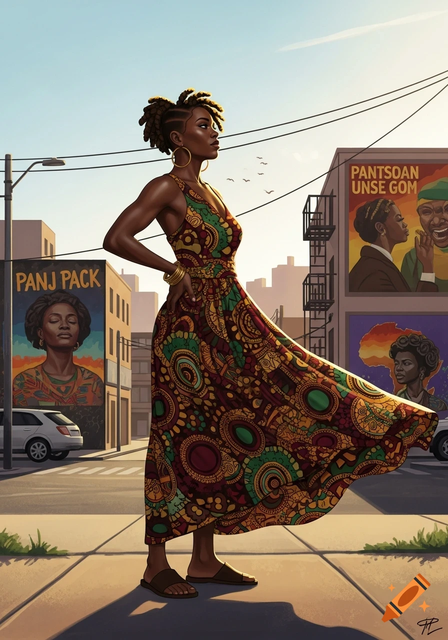A proud African American woman in a vibrant patterned dress and sandals stands on a sunny city street, with billboards in the background.