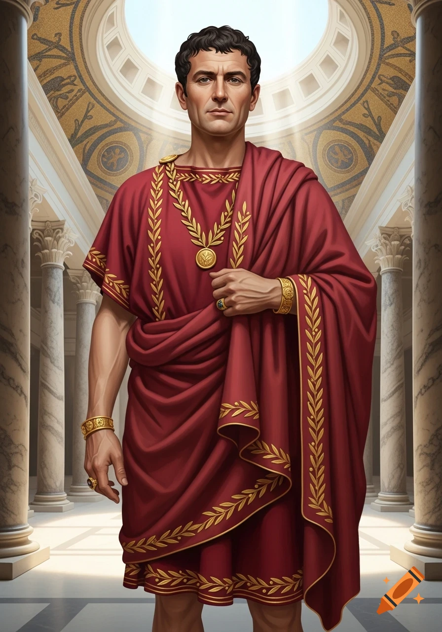 A wealthy Roman man in a red toga with gold trim and jewelry stands in a classical building with columns.