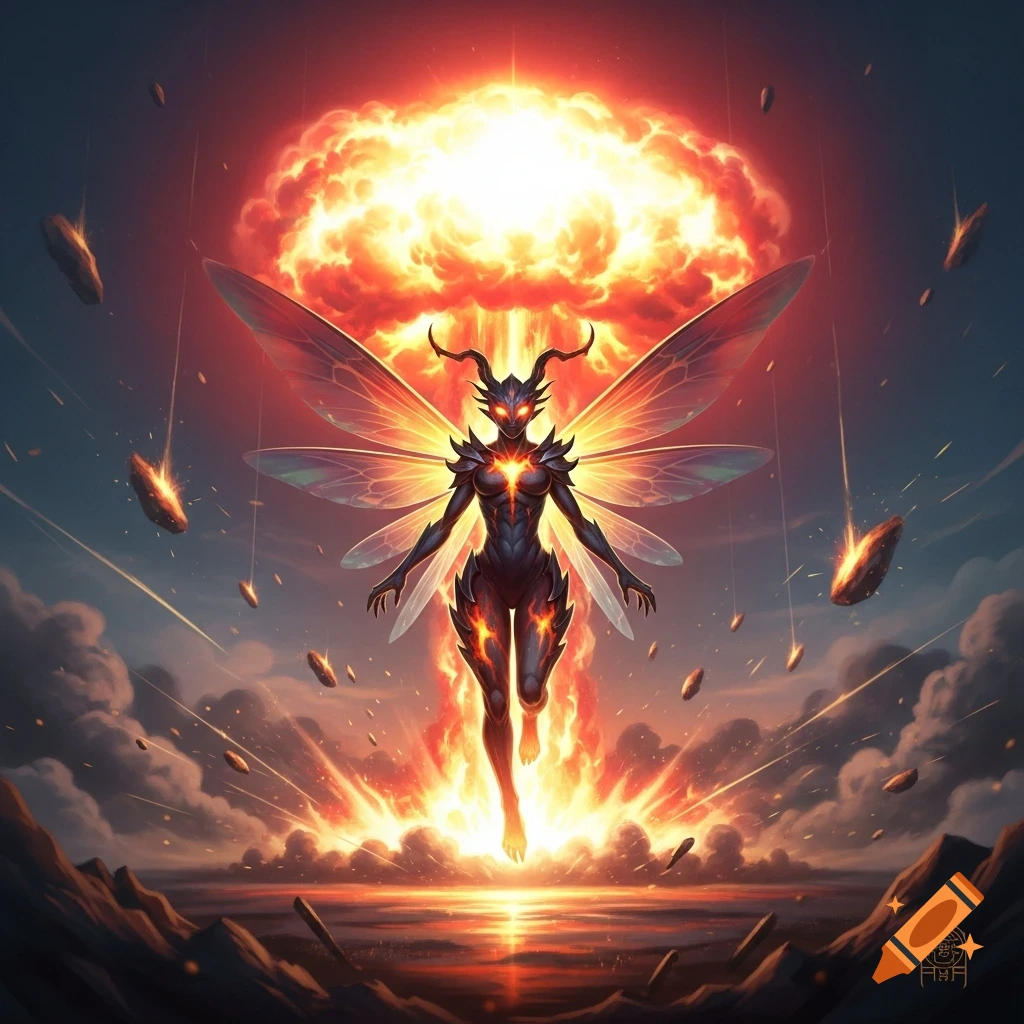 A powerful insectoid creature with glowing eyes and large wings hovers above a fiery landscape, with a massive mushroom cloud explosion in the background.