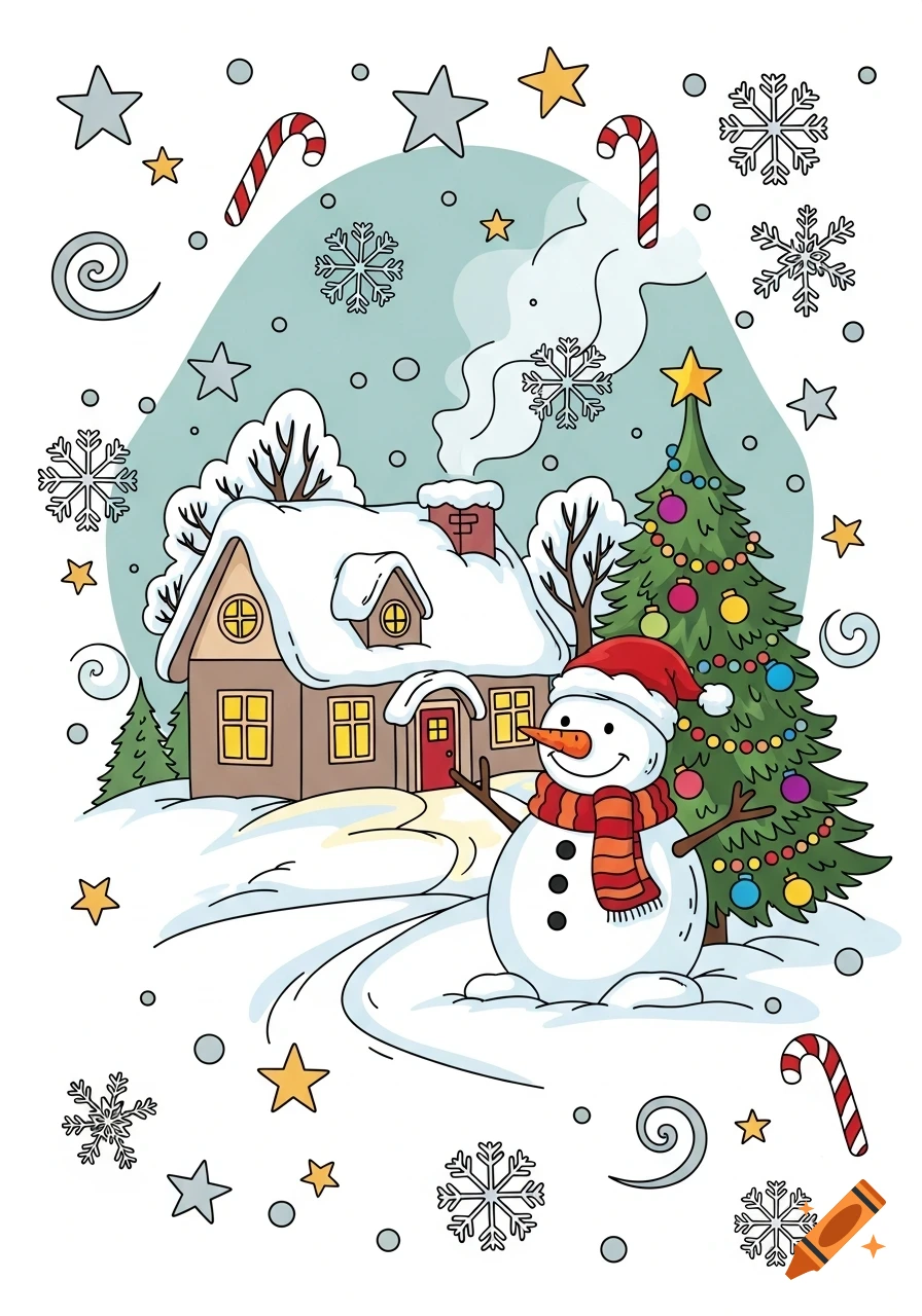 A cute cartoon winter scene with a smiling snowman, a snow-covered house, and a decorated Christmas tree, surrounded by festive ornaments.