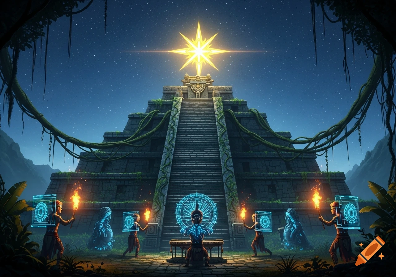 Cyber-futuristic shamans conduct a ritual at night before a glowing Mayan pyramid and star in a jungle.