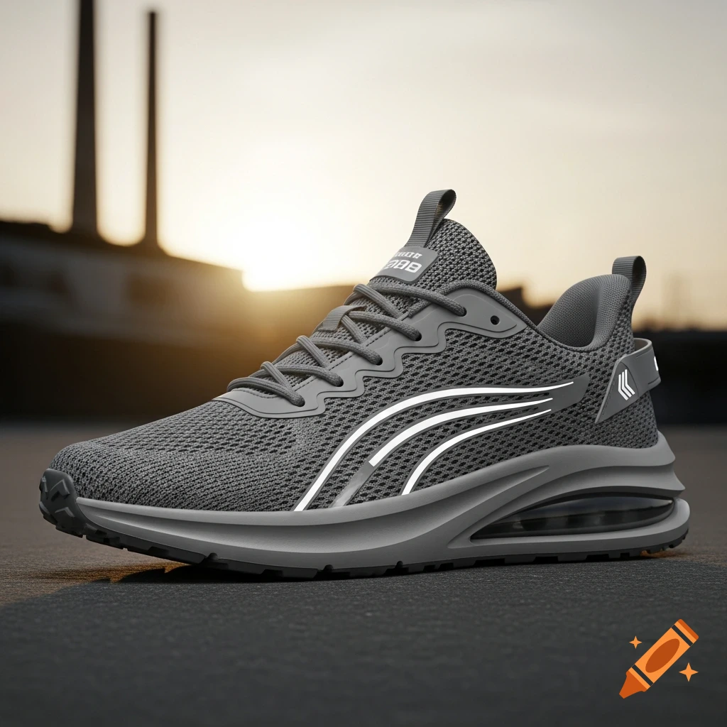 A grey mesh athletic shoe with white stripes and an air bubble sole is pictured on asphalt, with a blurry sunset background.