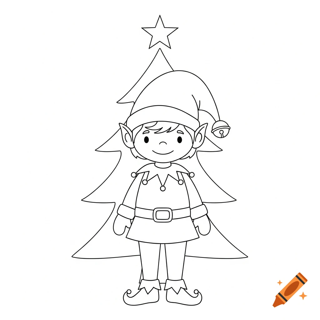A simple black and white line art coloring page of a smiling Christmas elf in a pointed hat standing in front of a Christmas tree with a star.