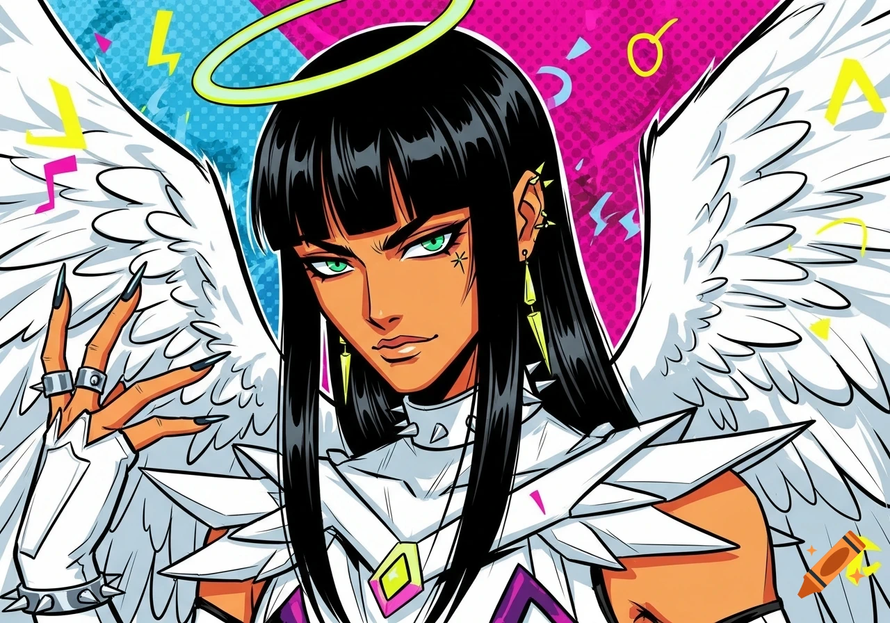 A stylized angel with long black hair, tan skin, and sharp green eyes, wearing a white armored suit with large wings and a halo, against a vibrant pop art background.