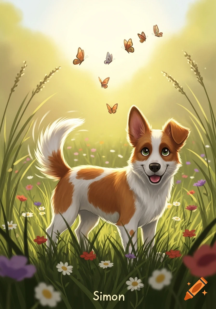 A cartoonish brown and white dog smiles in a vibrant field of wildflowers with butterflies, the name Simon on the grass.