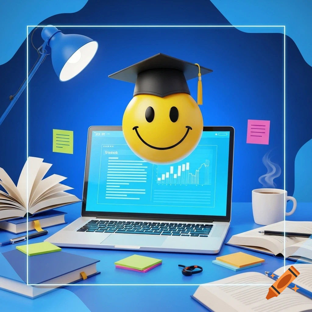 A 3D illustration of a yellow smiley face with a graduation cap, floating above a laptop on a blue desk with books and a coffee cup.