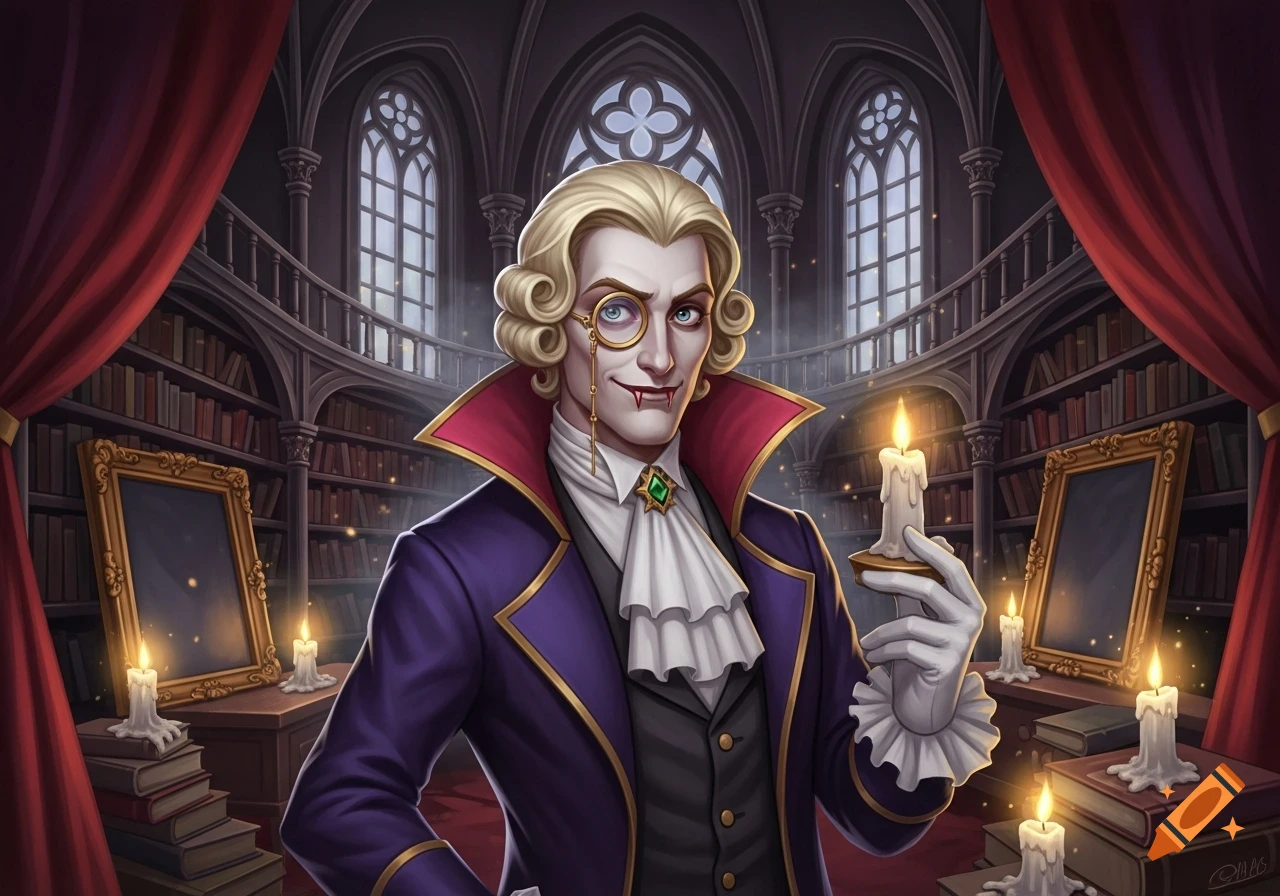 An illustration of a vampire-like man with a blond wig, monocle, and fangs, wearing purple and red, holding a lit candle in a gothic library.