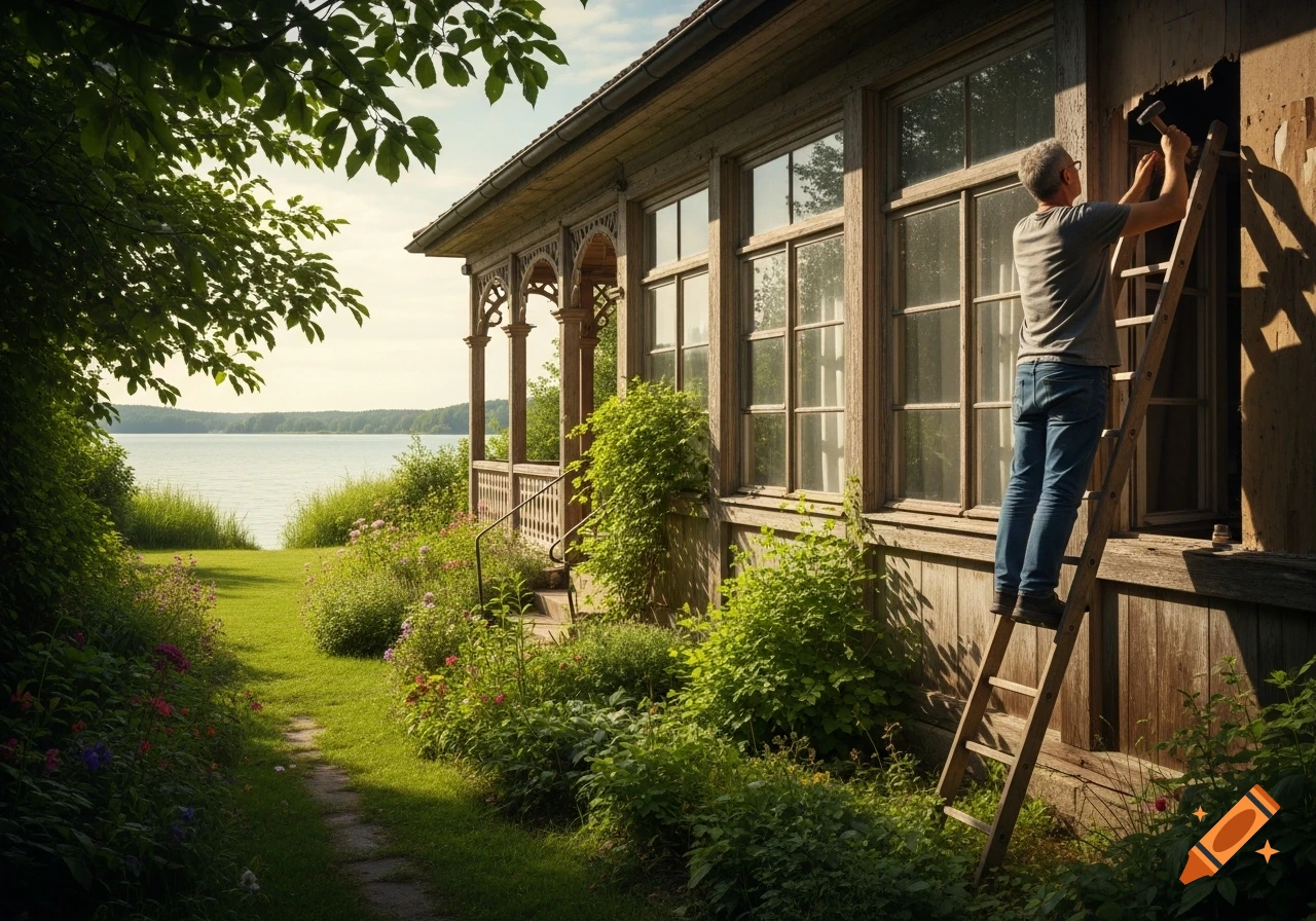 A man on a ladder repairs a rustic wooden house by a tranquil lake, surrounded by a lush, overgrown garden. Photorealistic.