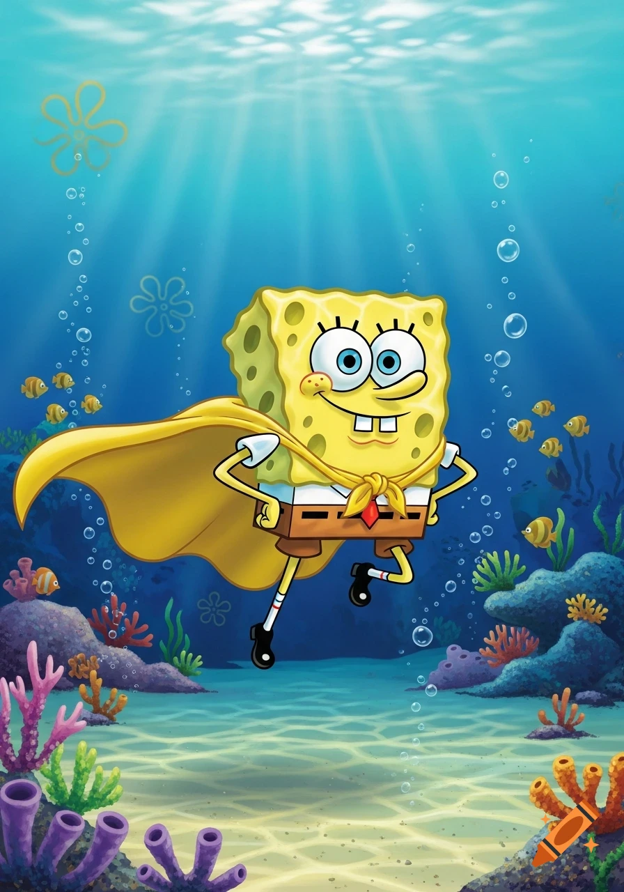 SpongeBob SquarePants with a yellow superhero cape, floating underwater with a big smile among coral reefs and fish.