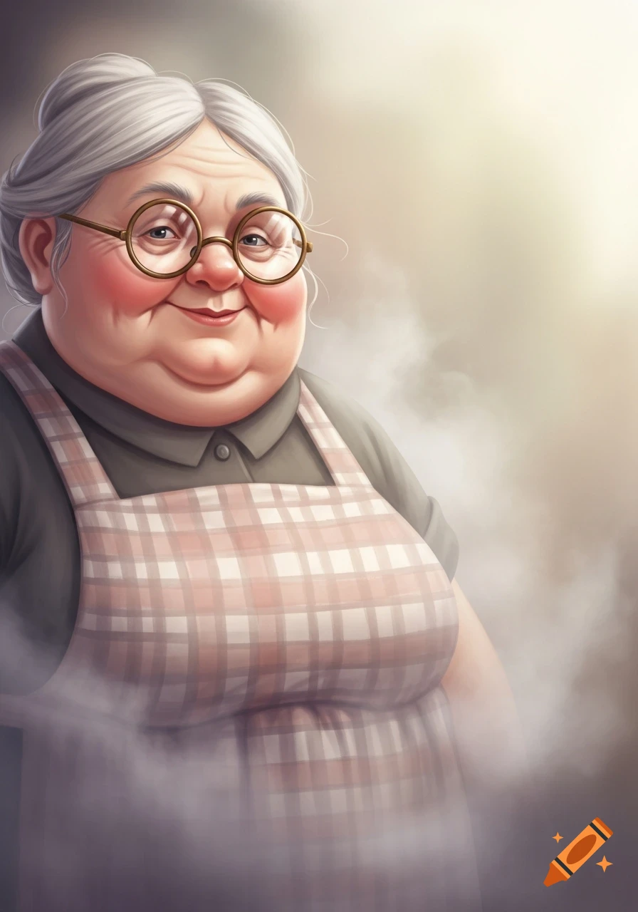 Cartoon portrait of a smiling elderly woman with gray hair, round glasses, and a pink gingham apron, fading into a misty background.