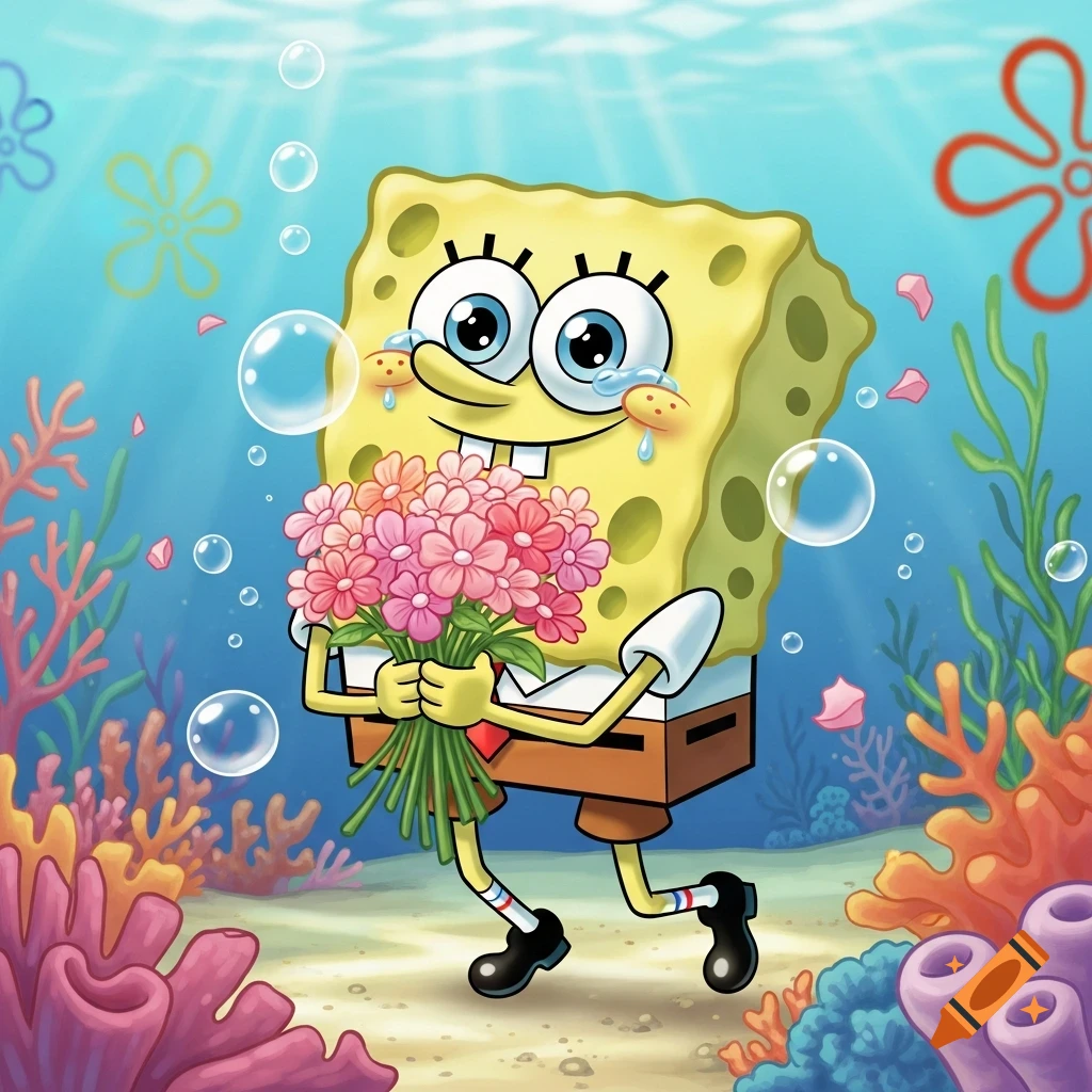 Spongebob SquarePants cries tears of happiness, clutching pink flowers underwater amid coral and bubbles.