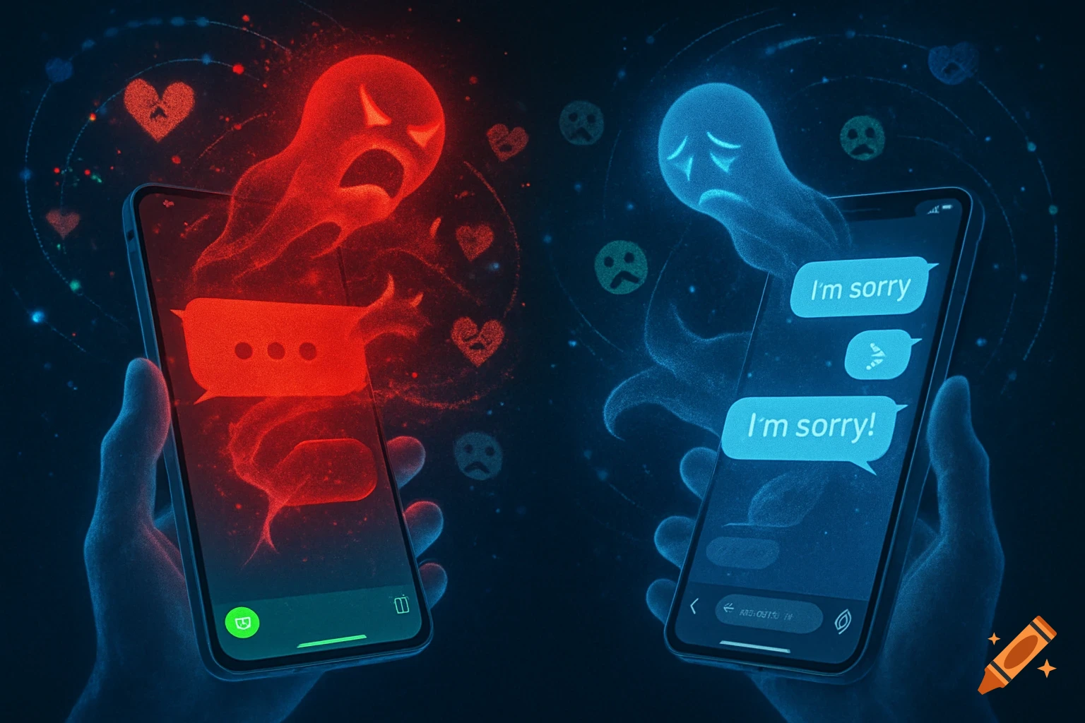 Conceptual digital art showing two hands holding phones, with glowing red angry and blue sad spirits depicting a couple's fight and 'I'm sorry' messages.