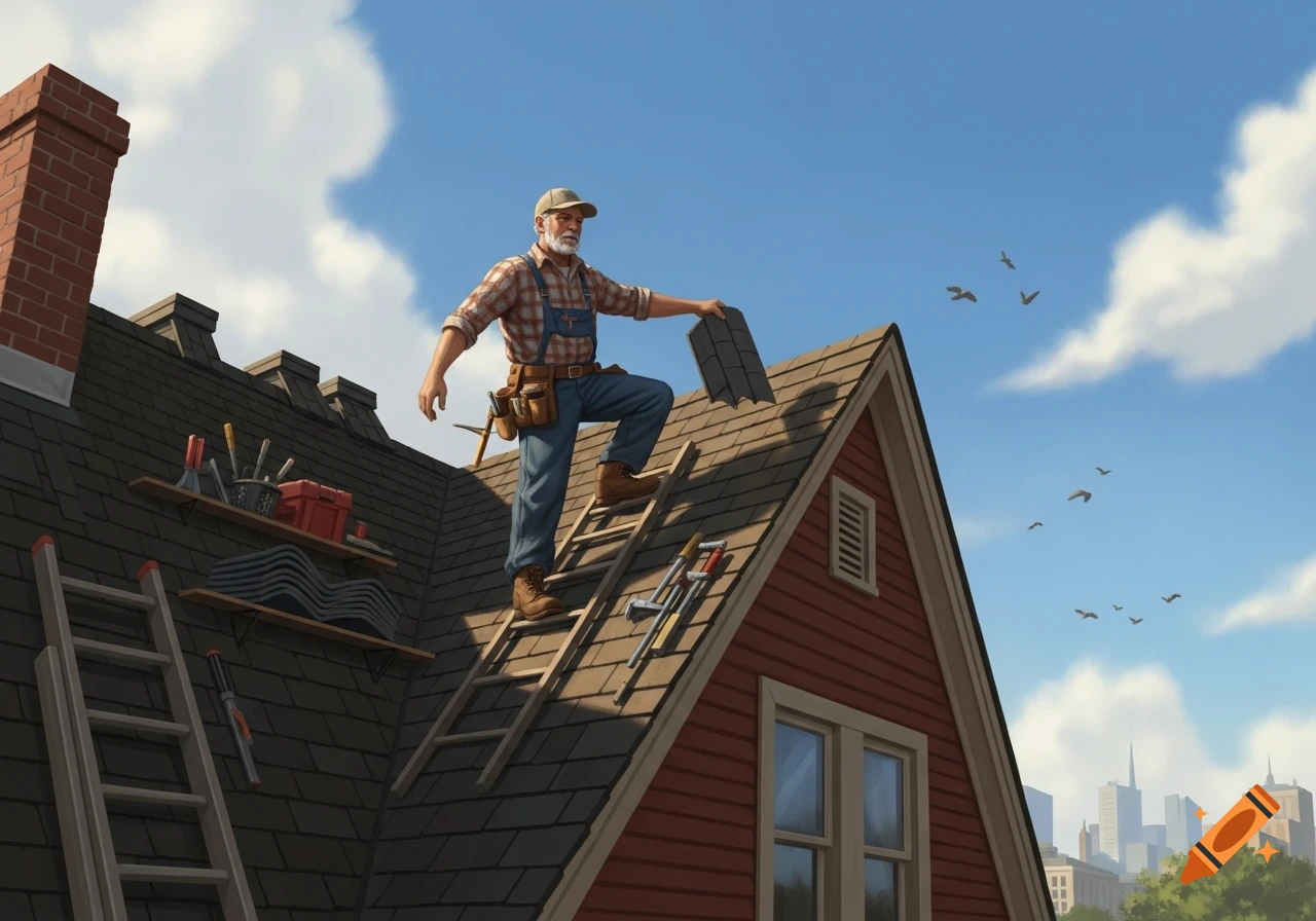 An illustrated roofer stands on a house roof under a blue sky, holding a shingle, with a cityscape in the background.