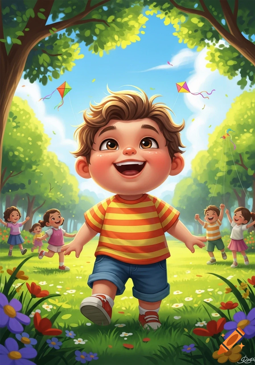 A happy cartoon child with a big smile runs through a sunny park with other kids and flying kites, in an illustration.