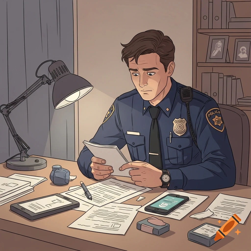 An animated police officer in uniform sits at a desk under a lamp, looking concerned while reading papers.