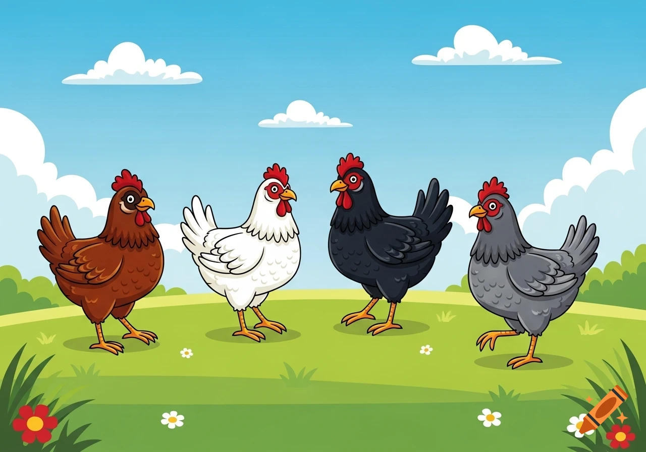 Four cartoon chickens in various colors (brown, white, black, gray) stand on a green grassy field under a blue sky with white clouds.
