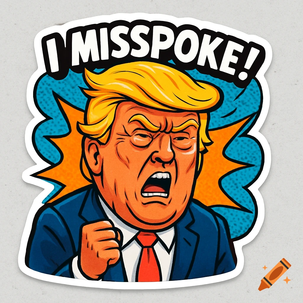 A cartoon sticker of Donald Trump yelling 'I MISSPOKE!' with an angry expression against a blue and orange comic book background.