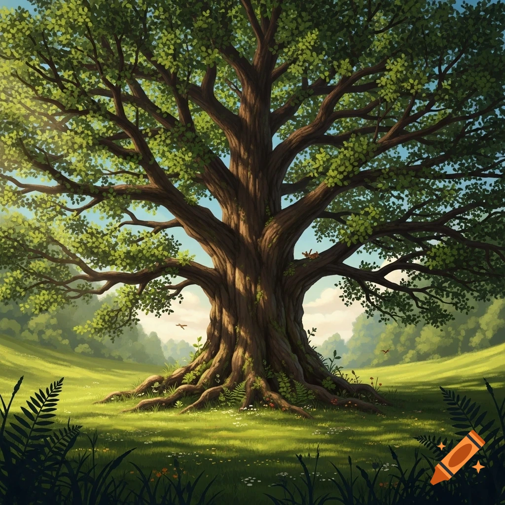 A vibrant illustration of a majestic old oak tree with a sprawling canopy in a sunny green meadow.
