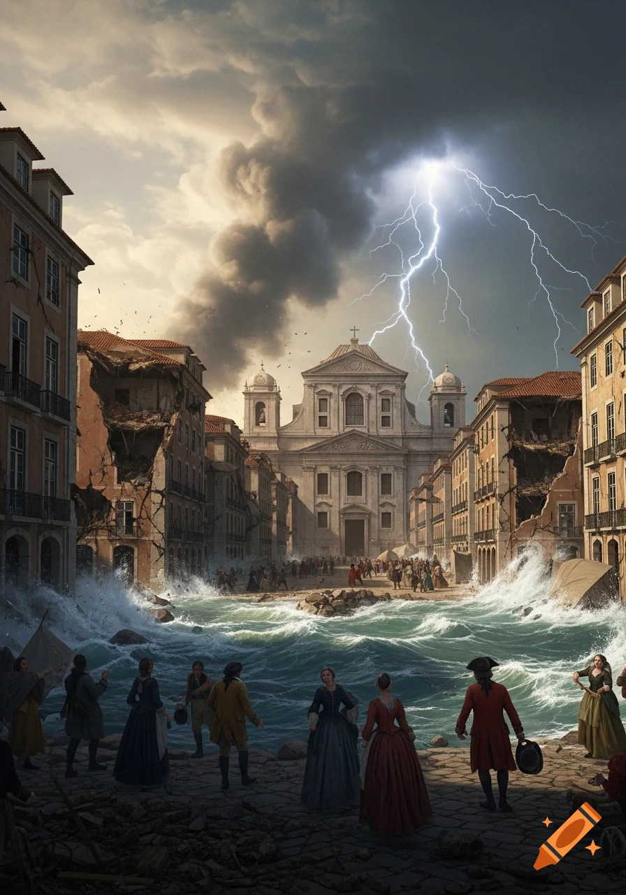 A historical city scene devastated by an earthquake and tsunami, with collapsing buildings, huge waves, lightning, and people in 18th-century attire.