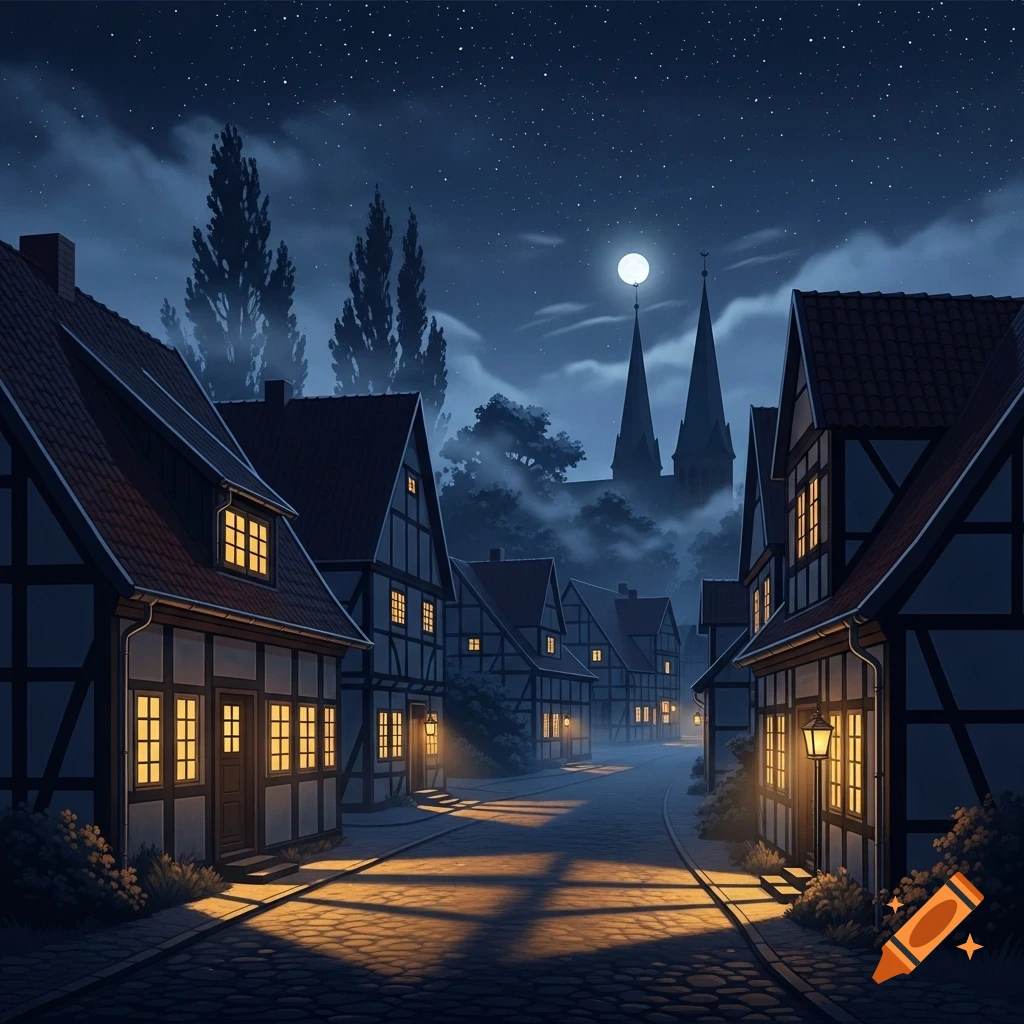 Cozy European village street at night, with half-timbered houses, glowing windows, streetlights, a full moon, and starry sky.