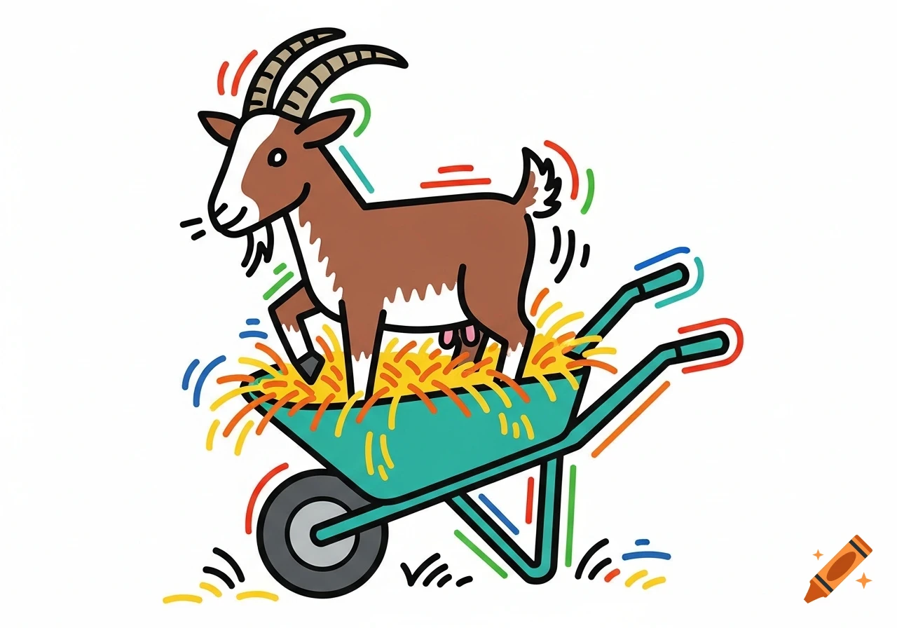 Brown and white goat with horns standing in a turquoise wheelbarrow filled with hay, in Keith Haring style.