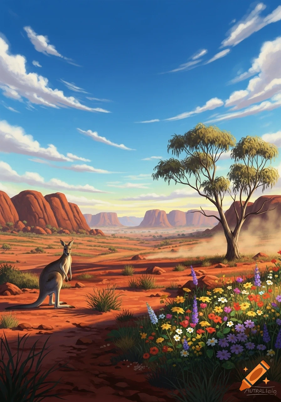 A kangaroo stands in a vibrant Australian desert landscape with red rock formations, a lone tree, and colorful wildflowers under a blue sky.