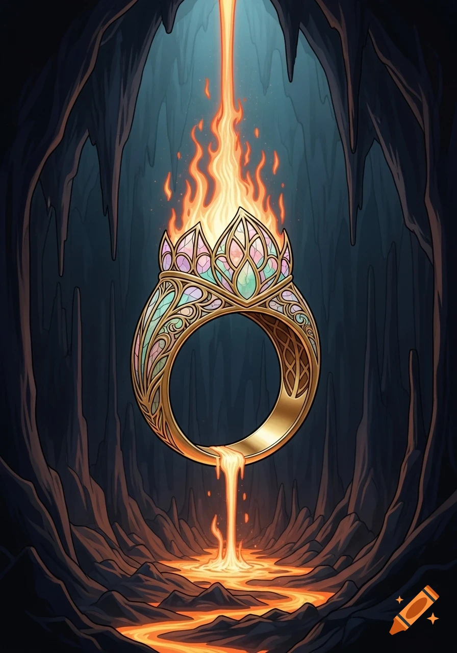 Alphonse Mucha style art nouveau illustration of a golden ring glowing with fire and lava in a dark volcanic cavern.