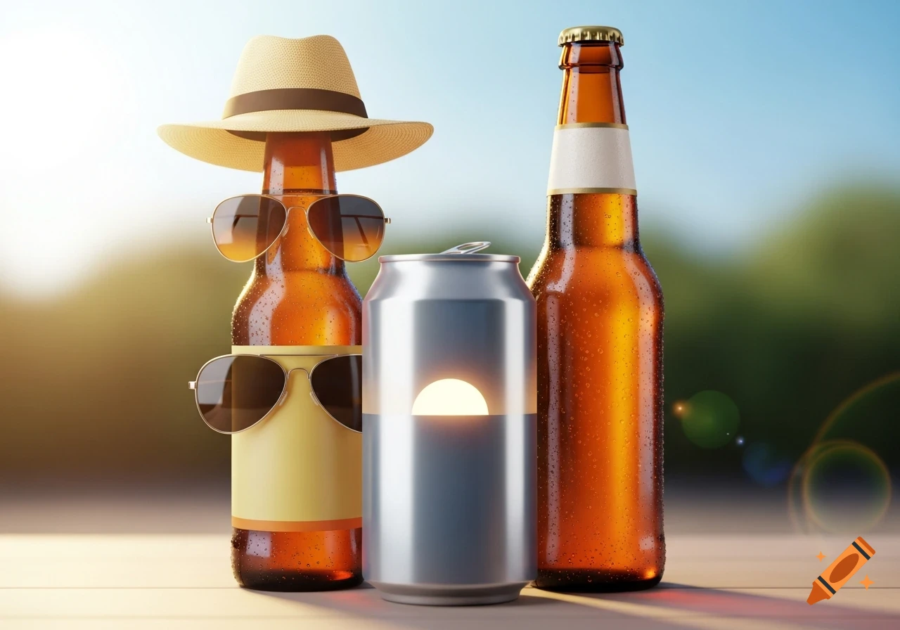 Photorealistic image of two beer bottles and a soda can, one bottle wearing a straw hat and sunglasses, on a sunny outdoor table.