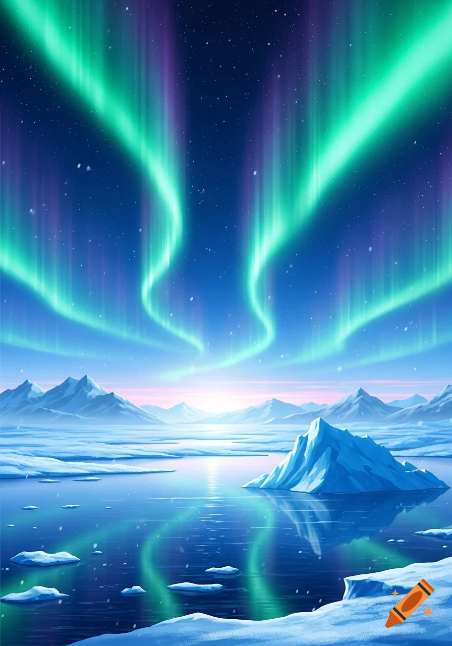 Vibrant green and purple aurora over a starry arctic landscape with snowy mountains, icebergs, and reflective water in illustrative style.