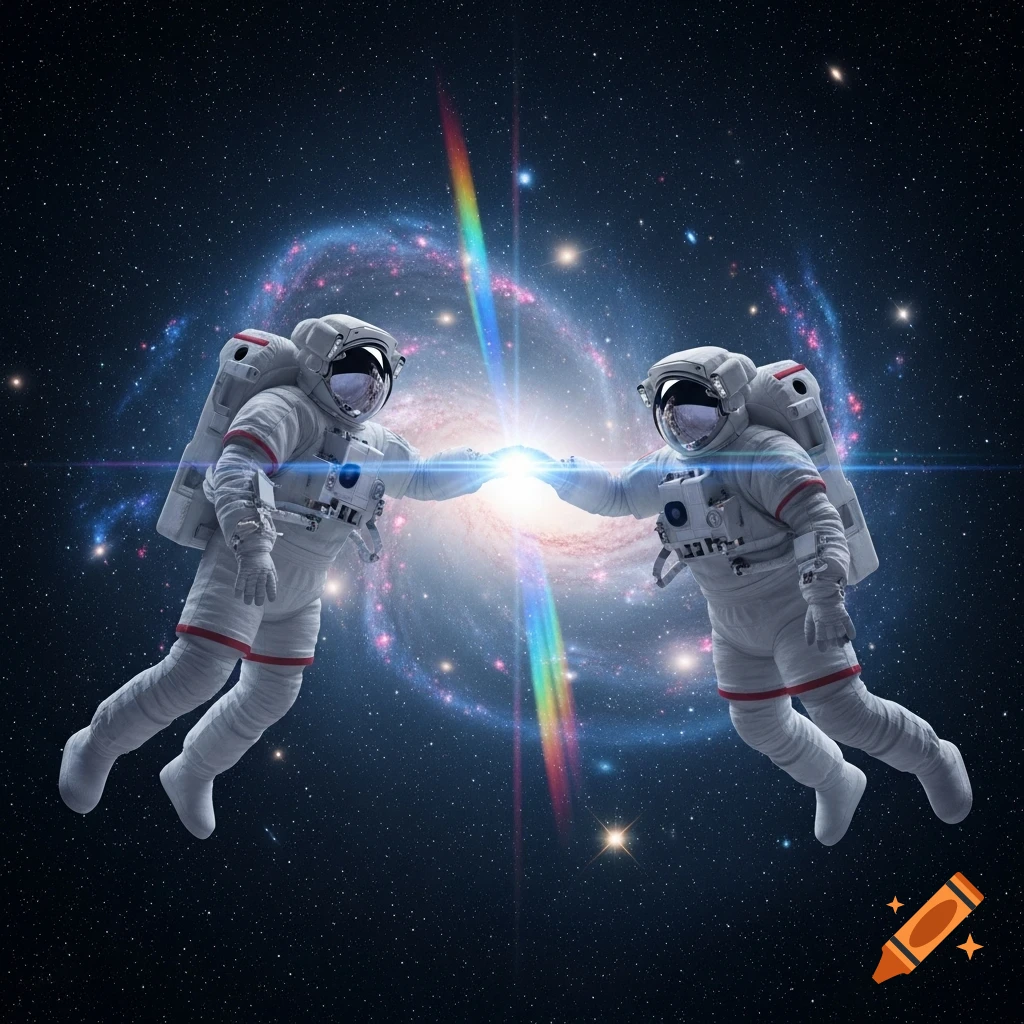 Two astronauts float in deep space, touching hands, with a bright light and a spiral galaxy behind them.