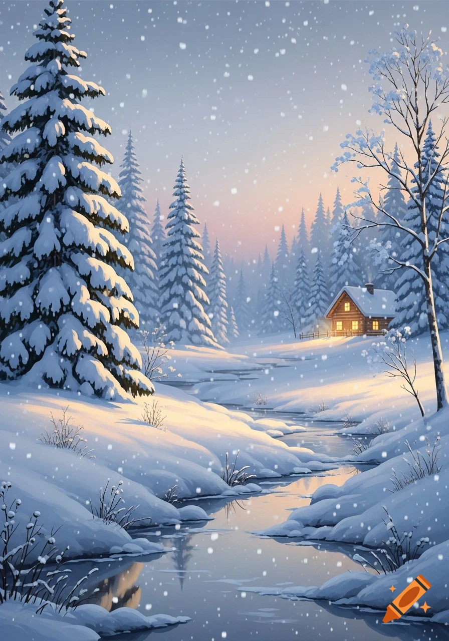 A picturesque winter landscape with snow-covered pine trees, a winding ...