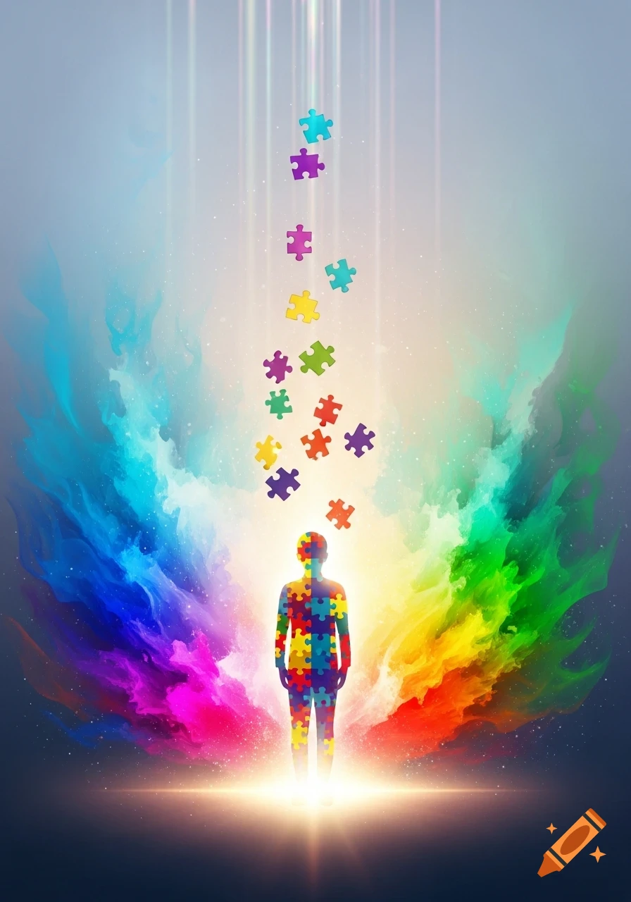 A colorful silhouette of a person made of puzzle pieces stands glowing, with more puzzle pieces falling from above into a vibrant, swirling rainbow background.