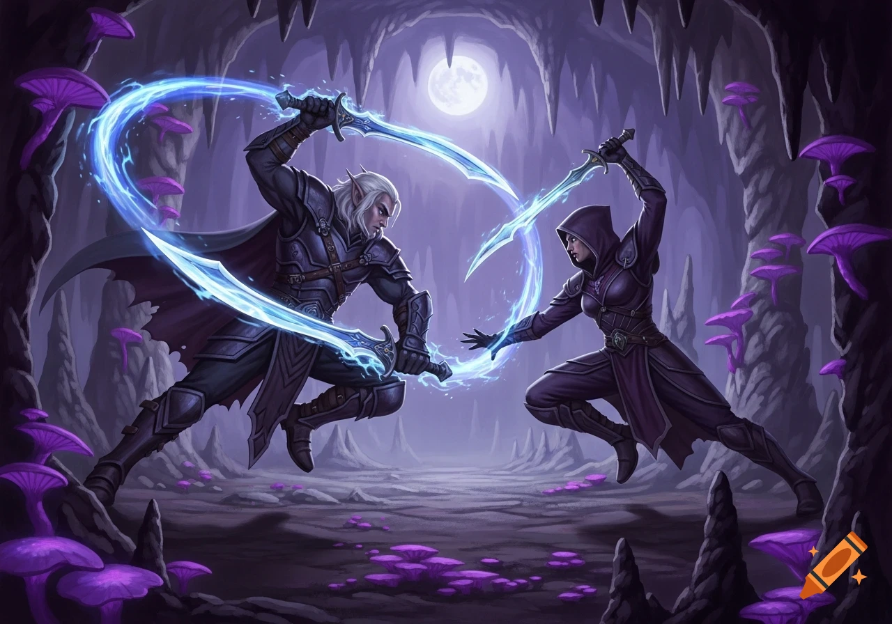 Drizzt Do'Urden, an elf-like warrior with glowing magical swords, duels a hooded Artemis Entreri in a dark, mushroom-filled cave.