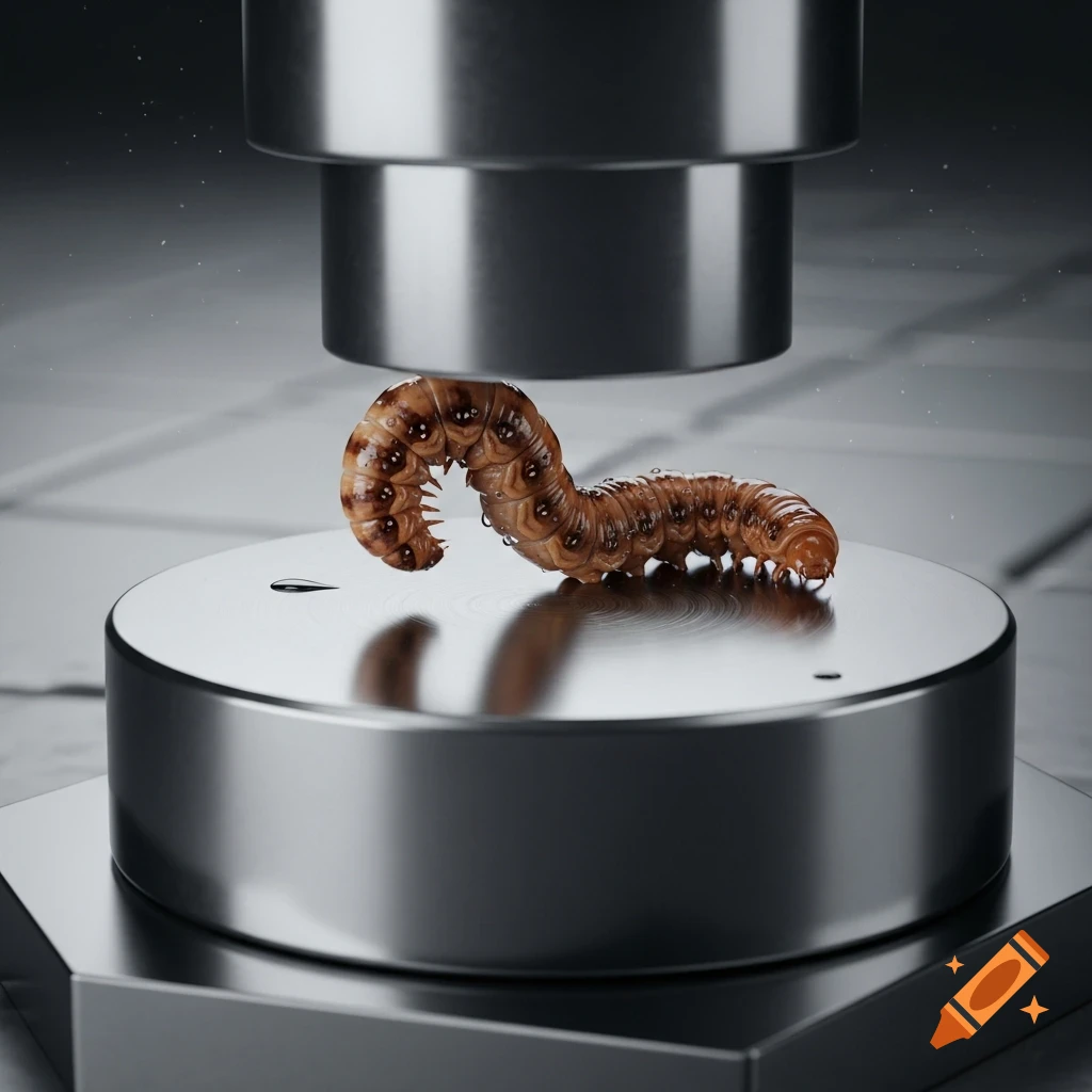 A brown segmented worm with water droplets is curled on a shiny metallic platform beneath the plunger of a hydraulic press, photorealistic.