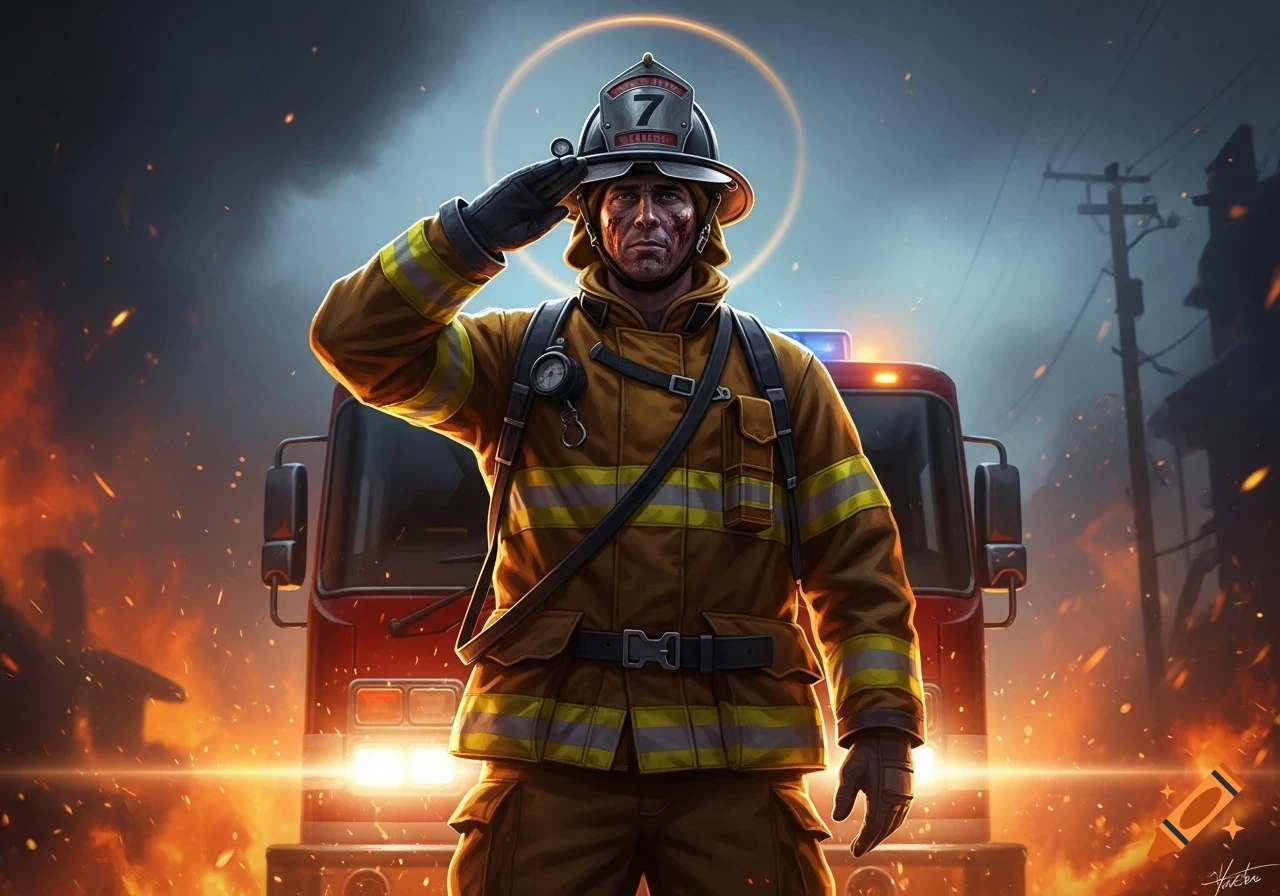 Digital art of a firefighter saluting, standing before a fire truck with flames and smoke in a dramatic scene.