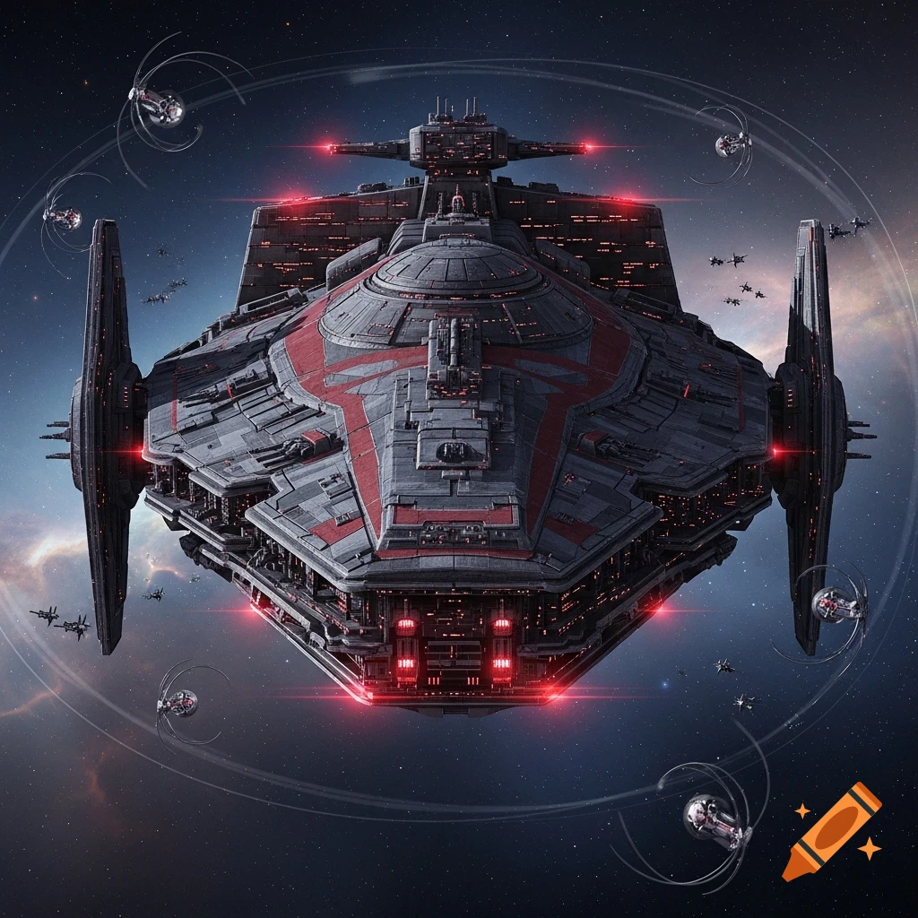 A massive, detailed dark grey and red dreadnought spaceship with glowing red lights, surrounded by smaller ships and orbiting drones in deep space.