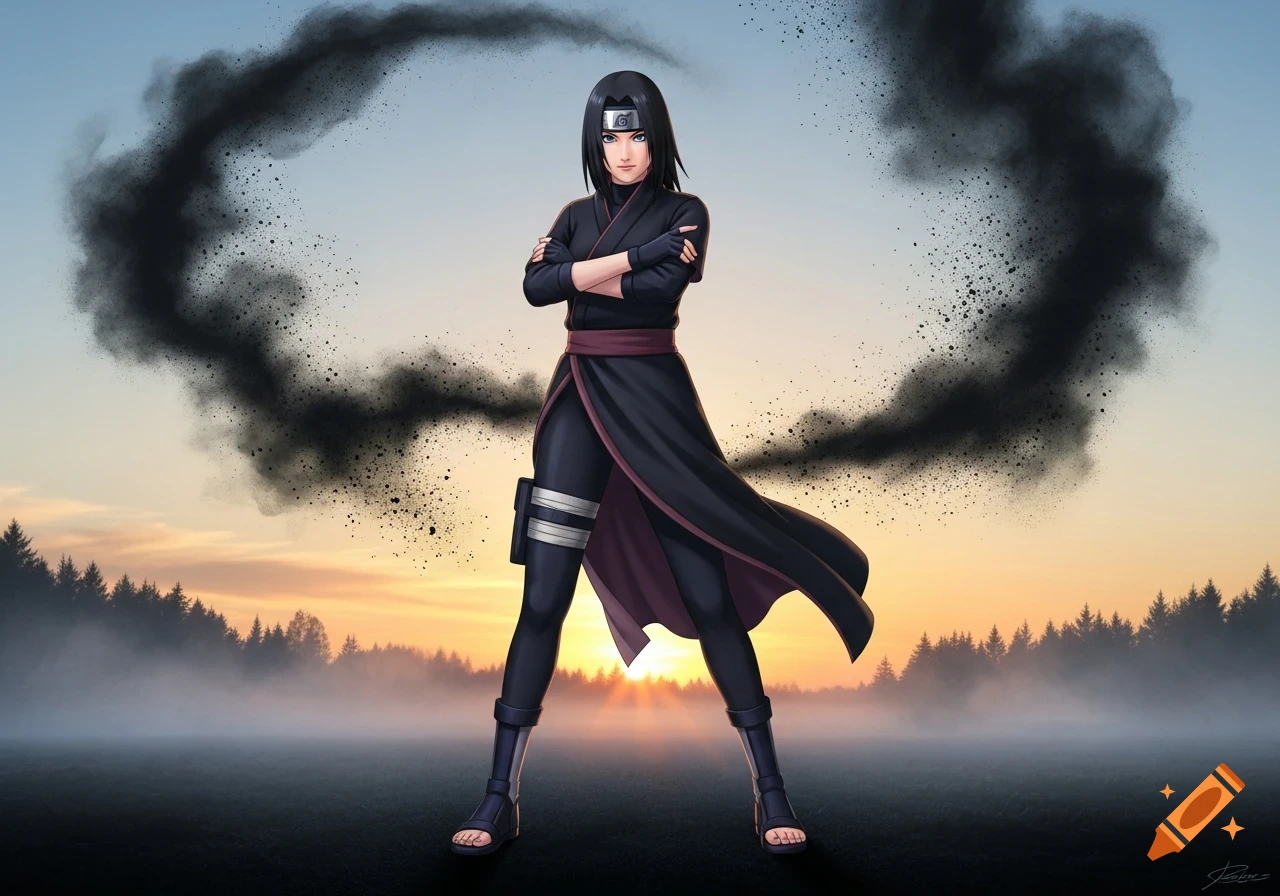 Anime female shinobi in black outfit with arms crossed, standing in a misty forest at sunset with black smoke swirling around her.