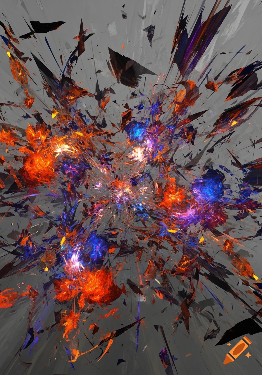 An abstract, chaotic explosion of bright orange, blue, and purple light shards on a gray background, radiating outwards.