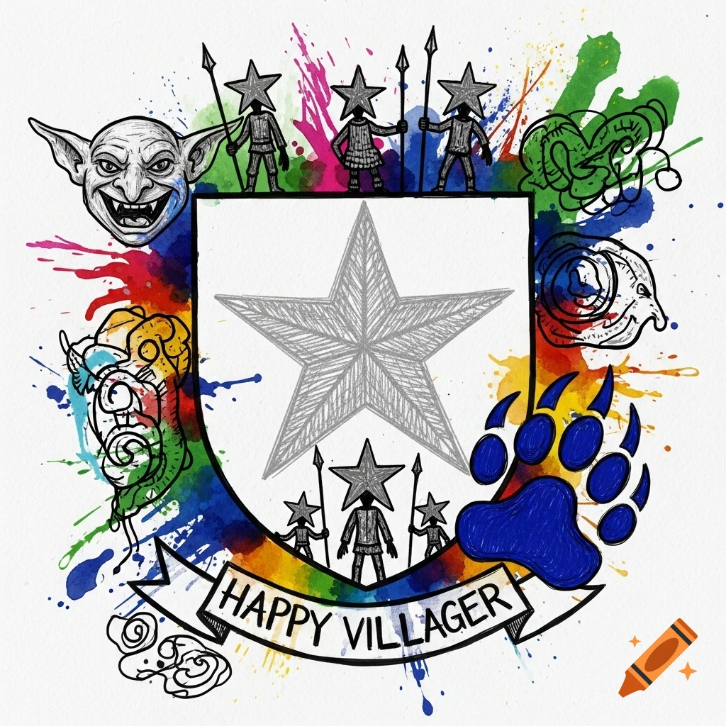A chaotic, colorful town crest illustration with a central star, goblin face, stick figures, blue paw print, and 'HAPPY VILLAGER' text on a banner.