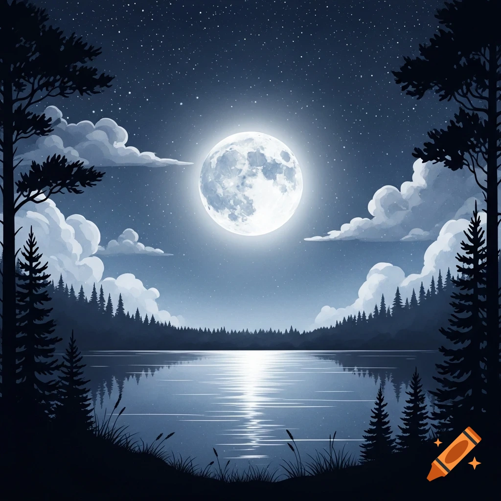 Stylized illustration of a bright full moon reflecting on a calm lake, framed by dark trees under a starry night sky.