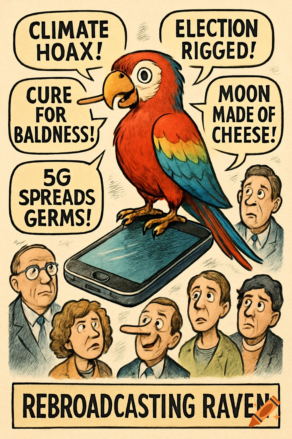 Cartoon of a colorful parrot standing on a smartphone, speaking various conspiracy theories in speech bubbles to a group of confused and concerned people. The title reads "REBROADCASTING RAVEN."